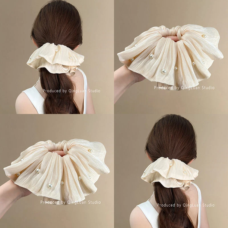 温柔安妮~珍珠流光纱大肠发圈复古高级感丸子头绳荷叶边旅行发卡