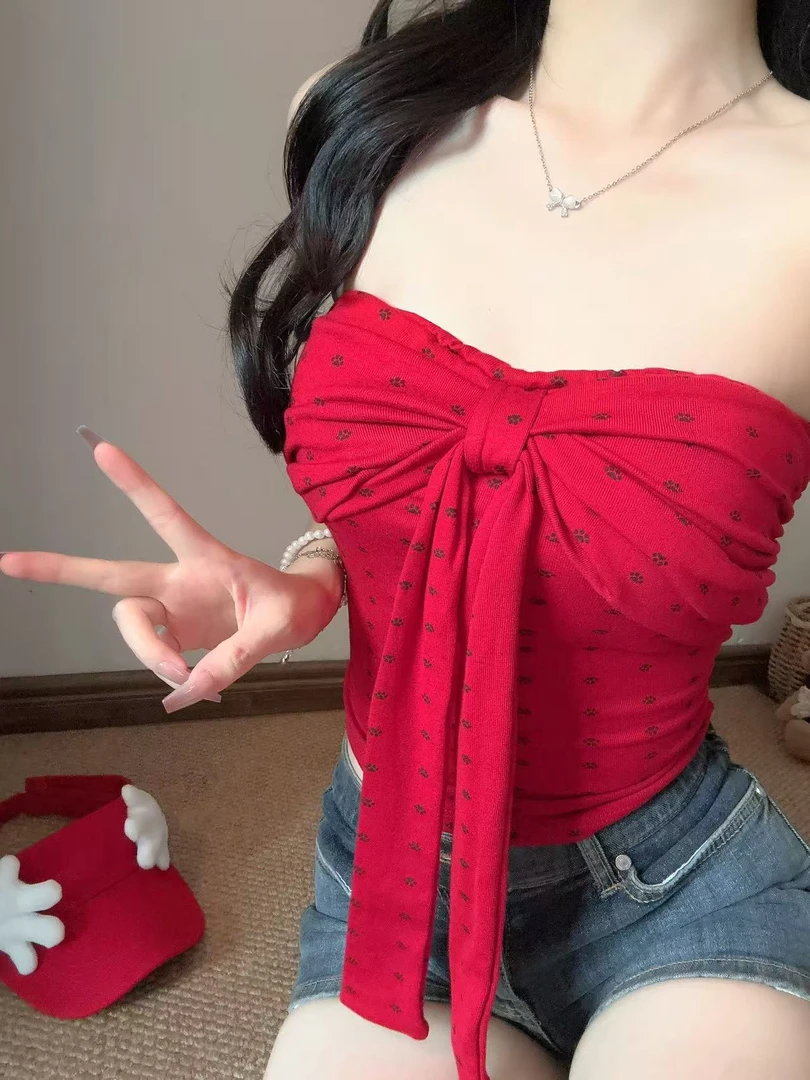 美式红色抹胸背心女夏季蝴蝶结系带波点吊带辣妹修身显瘦短款上衣