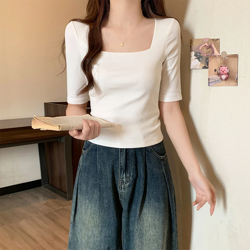 白色正肩t恤女方领长袖打底衫2025新款春秋内搭修身五分袖上衣潮