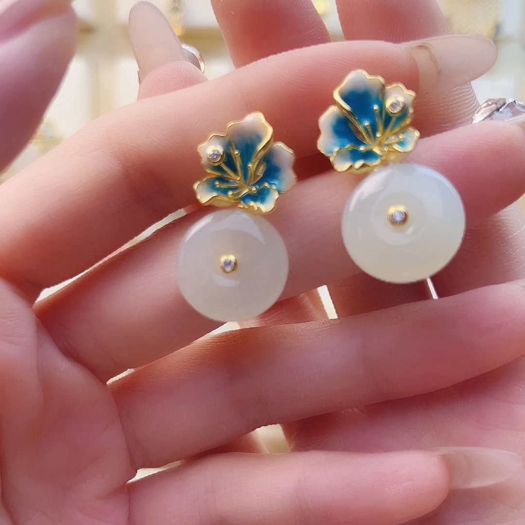 和田玉银S925镀金镶嵌耳饰