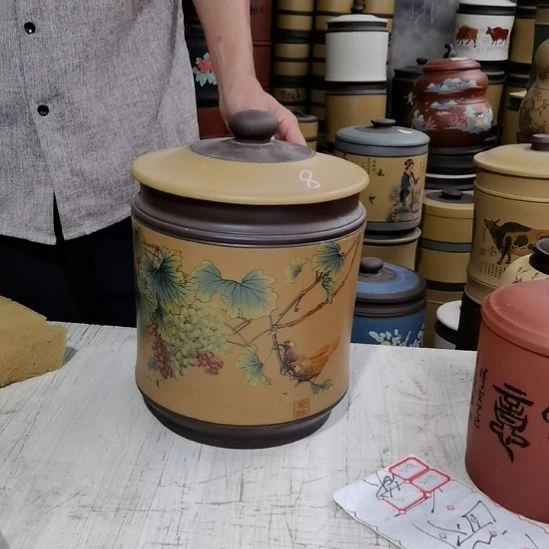 紫砂茶叶罐正品九饼花鸟款8
