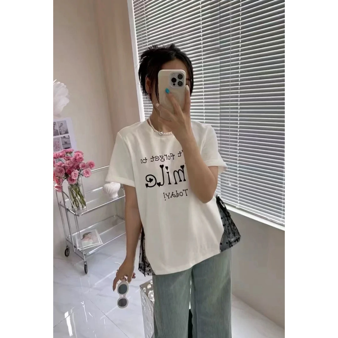 妮妮家9023夏季新款简约百搭 蕾丝字母拼接短袖T恤