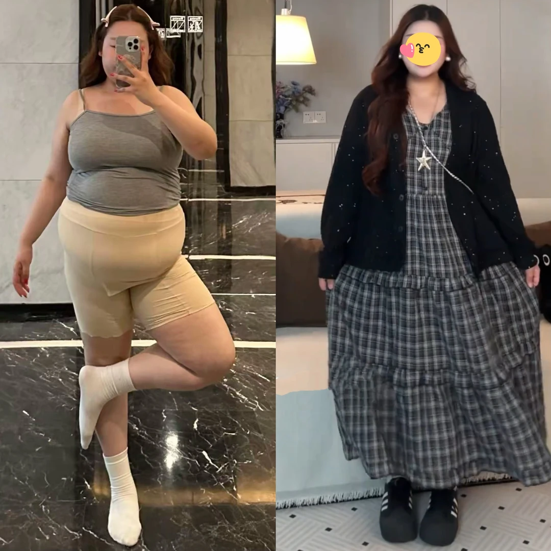 大码女装毛衣开衫外套+格子背心连衣裙两件套秋冬季胖mm长裙套装