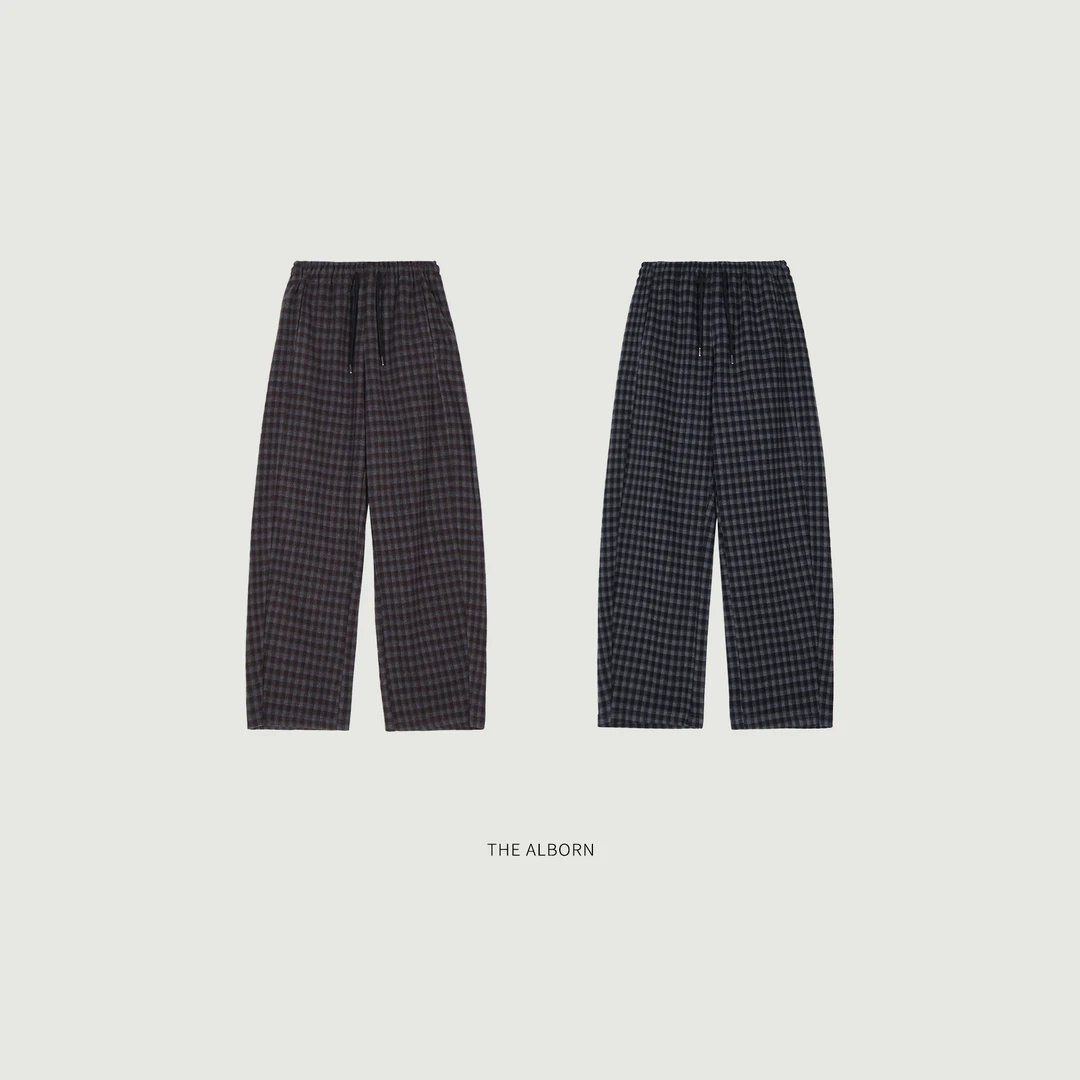 奥莉酱THEALBORN·“定格绒冬”羊毛人棉混纺 复古英伦方格弯刀裤