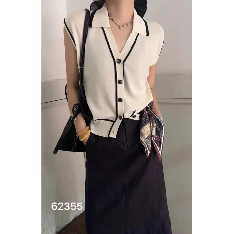 2025夏季新款时尚洋气百搭翻领宽松休闲显瘦无袖针织衫女上衣5223