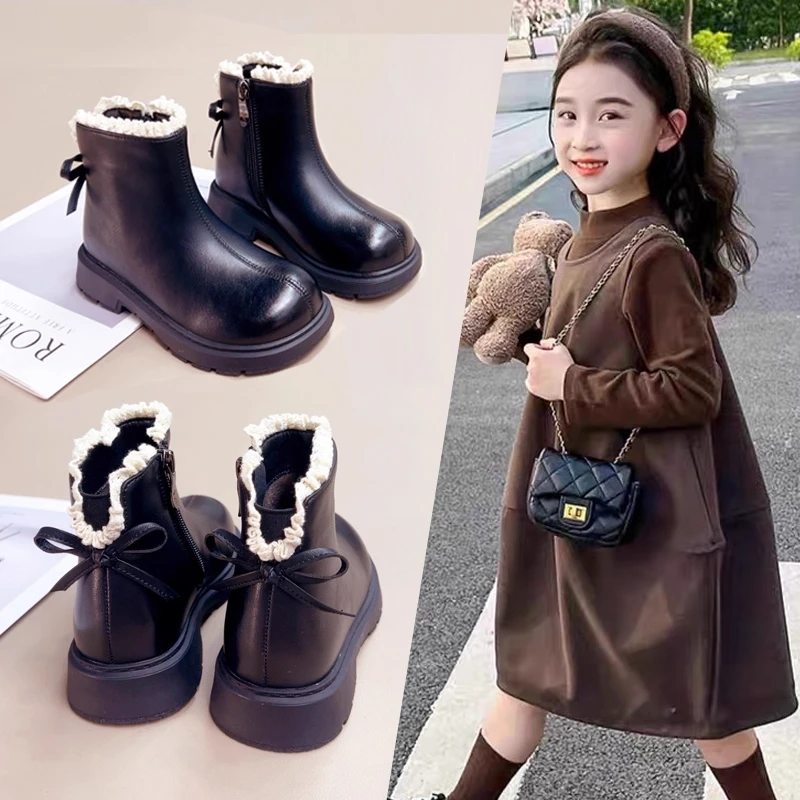 ABC女童靴子童鞋2025秋冬新款儿童短靴加绒二棉女宝宝公主马丁靴