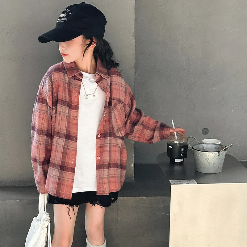 女童格子衬衫秋款2025新款大童洋气长袖衬衣女孩时髦洋气秋装外套