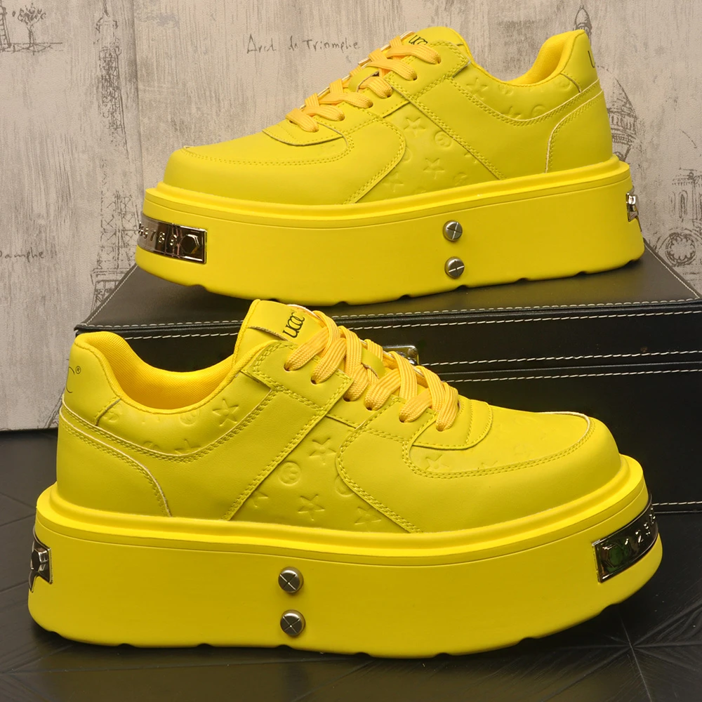 时尚潮流厚底增高休闲鞋男士轻奢压花百搭板鞋印花皮小白鞋潮鞋男