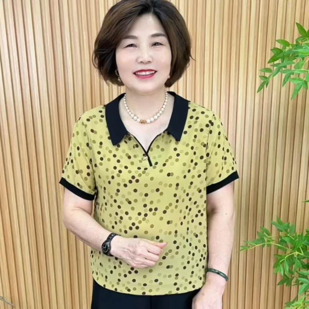 时尚薄款圆点短款翻领中老年女装百搭衬衣衬衫西域风V8869