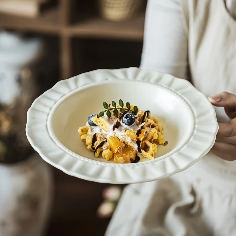 奶油风哑光盘陶瓷草帽盘西餐意面盘甜品盘家用餐具菜盘早餐沙拉盘