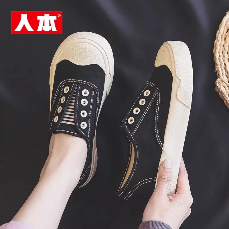 人本帆布鞋女鞋2025新款复古休闲鞋韩版透气一脚蹬懒人鞋平底板鞋