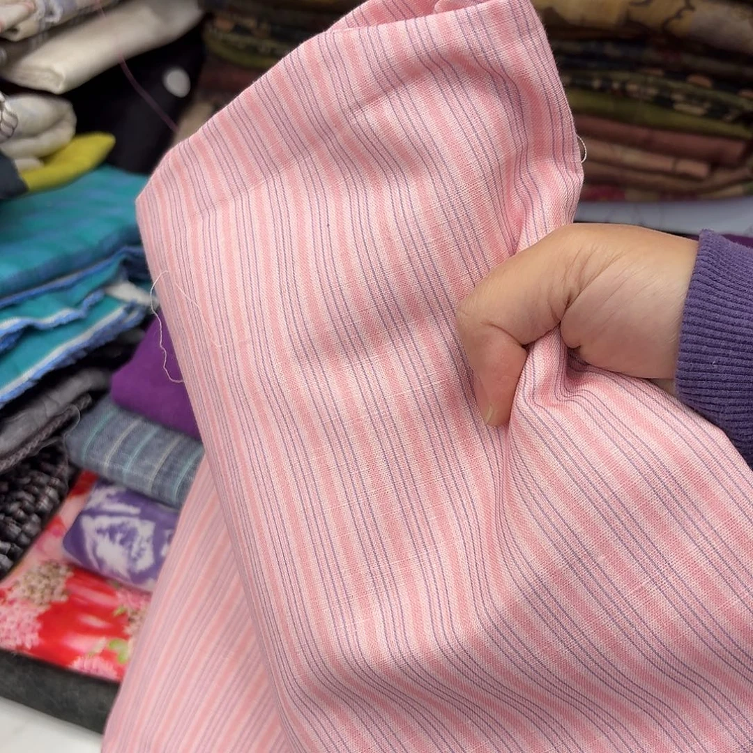 麻1..9米粉色亚麻条纹面料