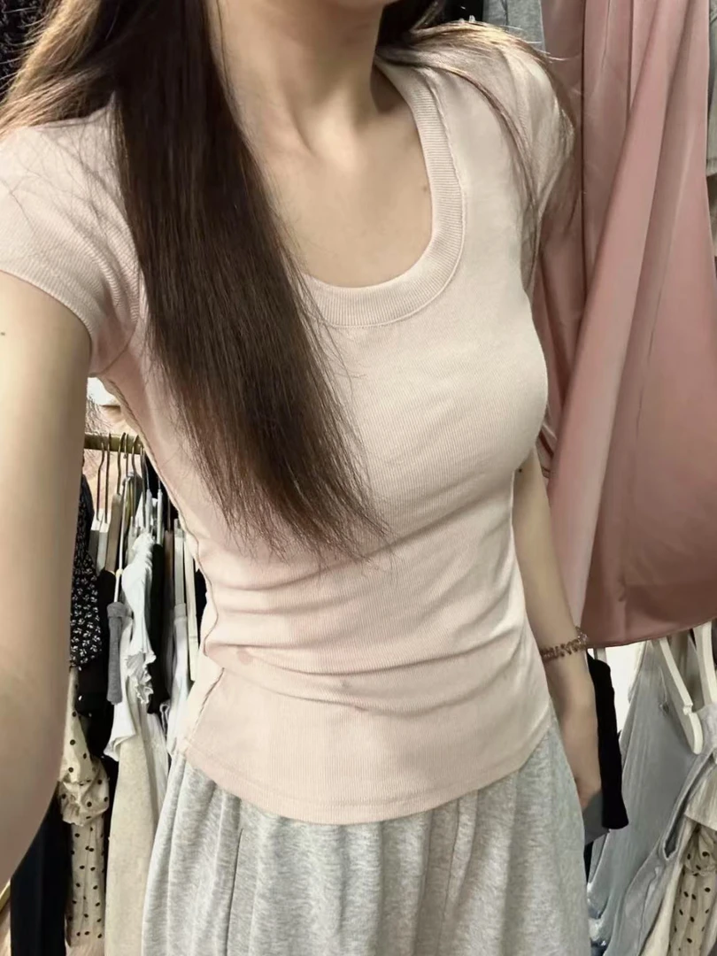 韩系灰色U领正肩短袖T恤女春夏收腰显瘦内搭基础纯色百搭打底上衣