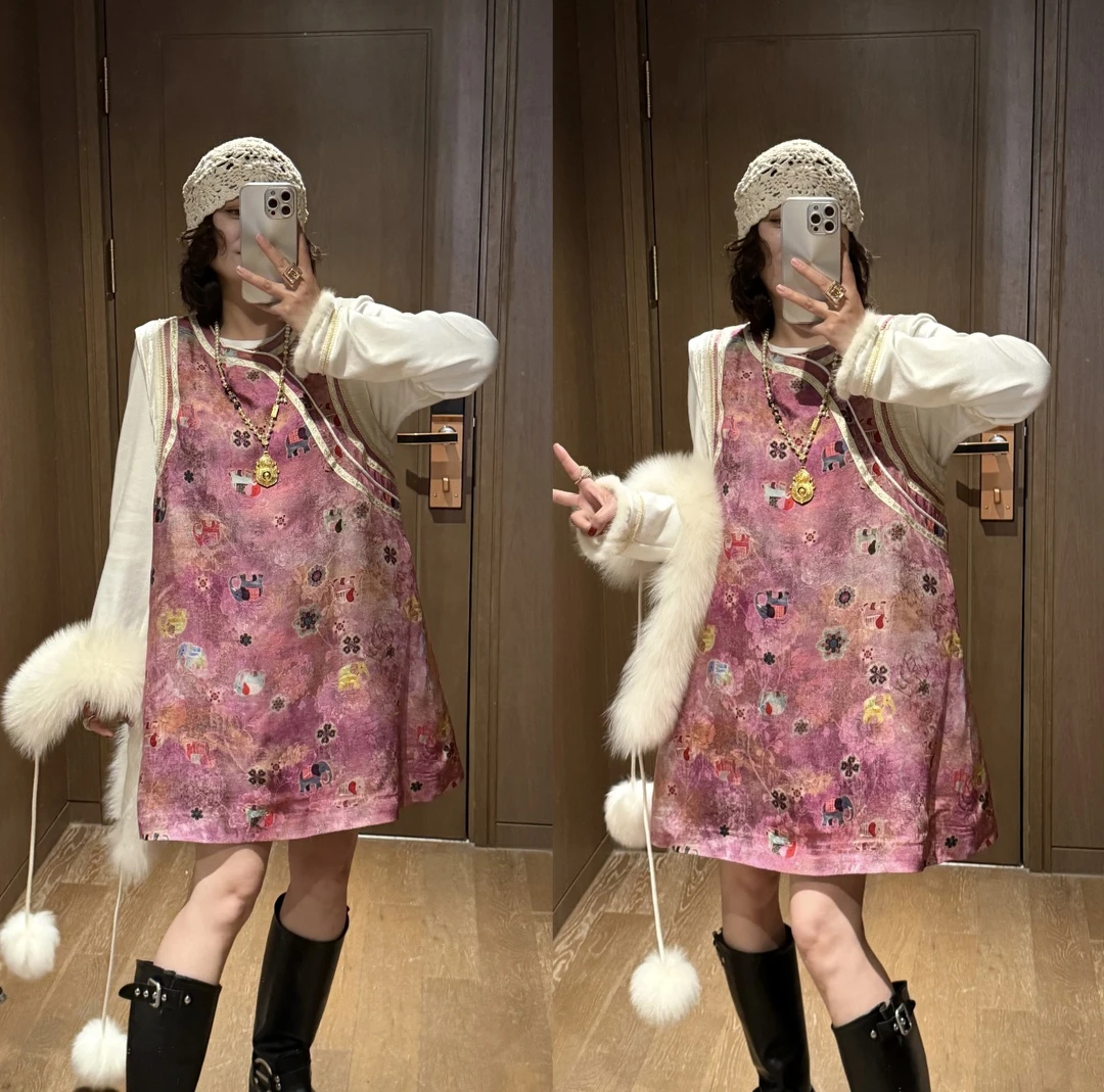 YDFSTUDIO小众【粉黛花灵】欧货高品设计感时尚内搭+国风背心裙套装