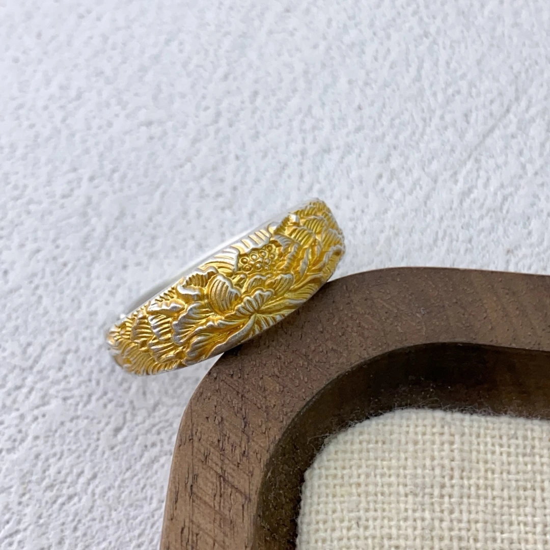 足银戒指 足银999.9描金牡丹花戒指国潮中式纯银戒指实心