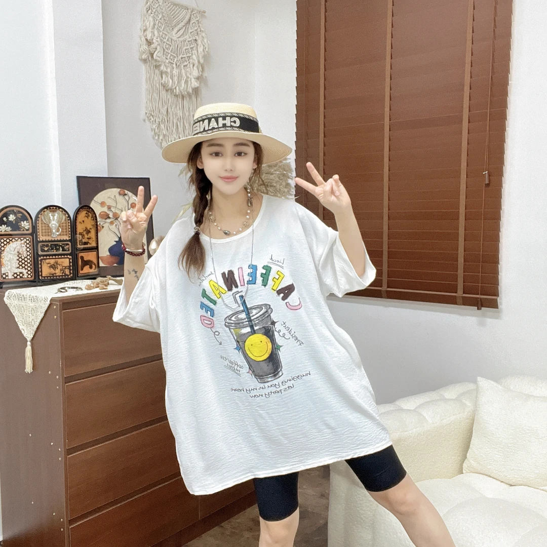 LU/鹿儿Y0668大版宽松百搭夏季新款印花简约休闲时尚圆领短袖上衣