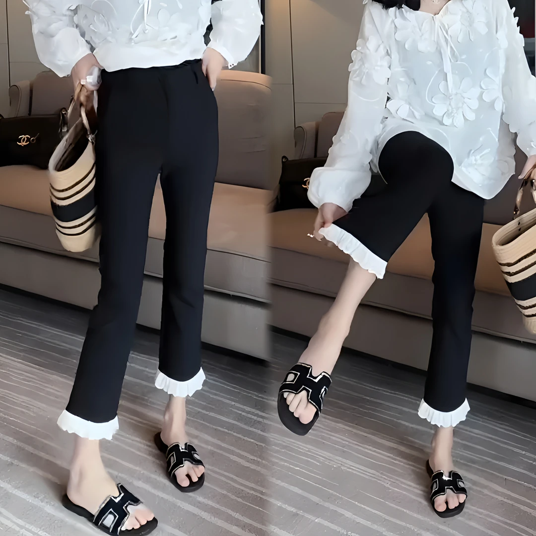 荷叶边拼接直筒裤女2025夏新款时尚显瘦百搭高腰九分休闲裤