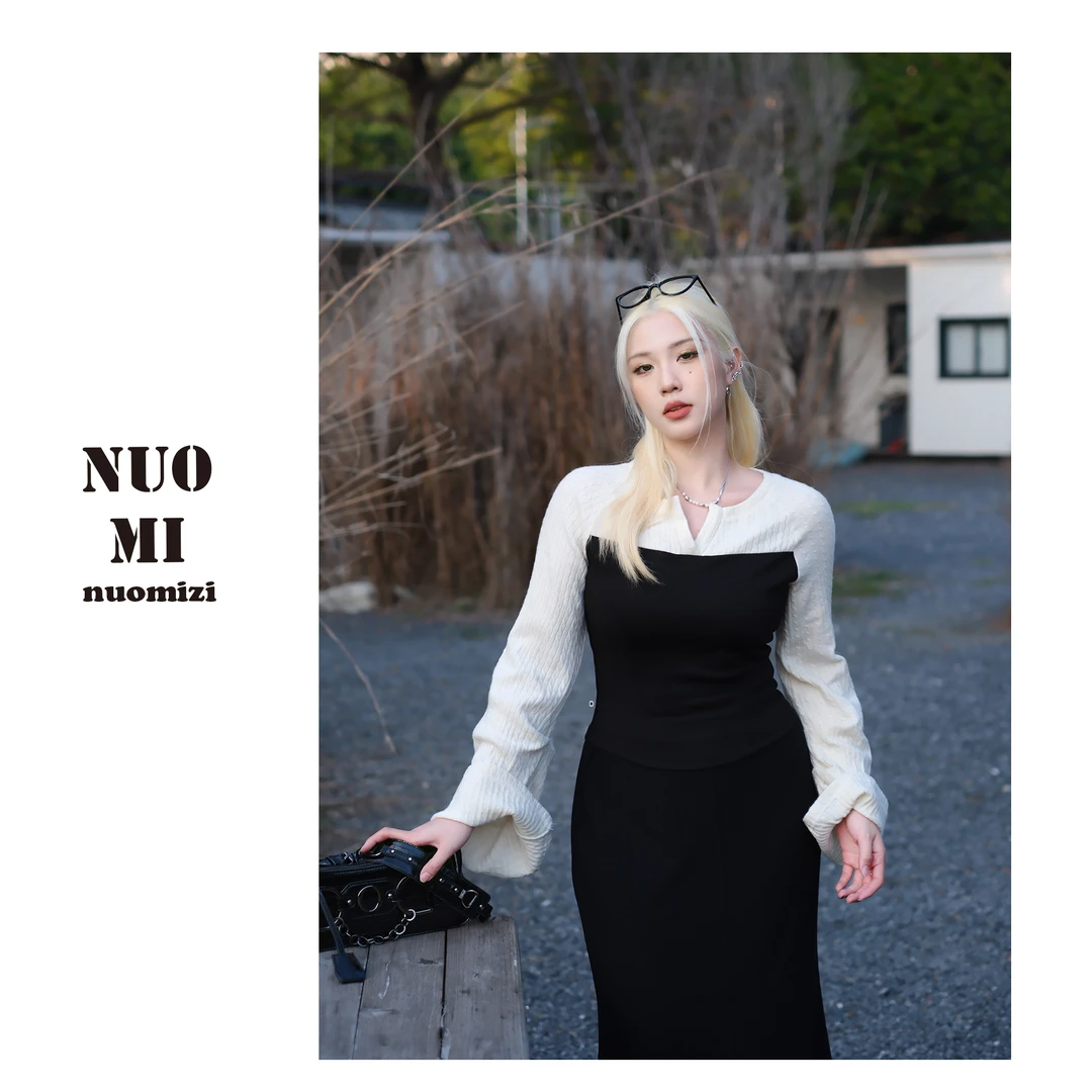 ZOZ糯米子[月半弯]新款收腰显瘦撞色百搭修身设计感女冬季T恤