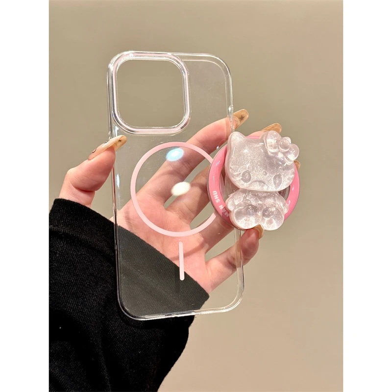 适用苹果iphone16promax水晶猫15pro简约14磁吸支架13透明手机壳