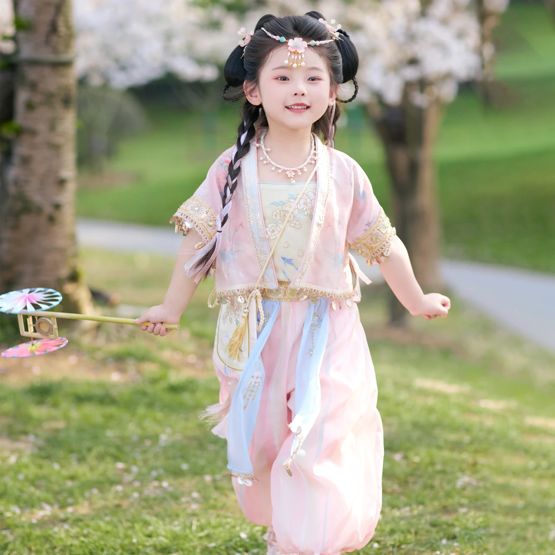 古月家.乐怡 汉服女童夏季儿童高端仙气新中式裤子套装国风三件套