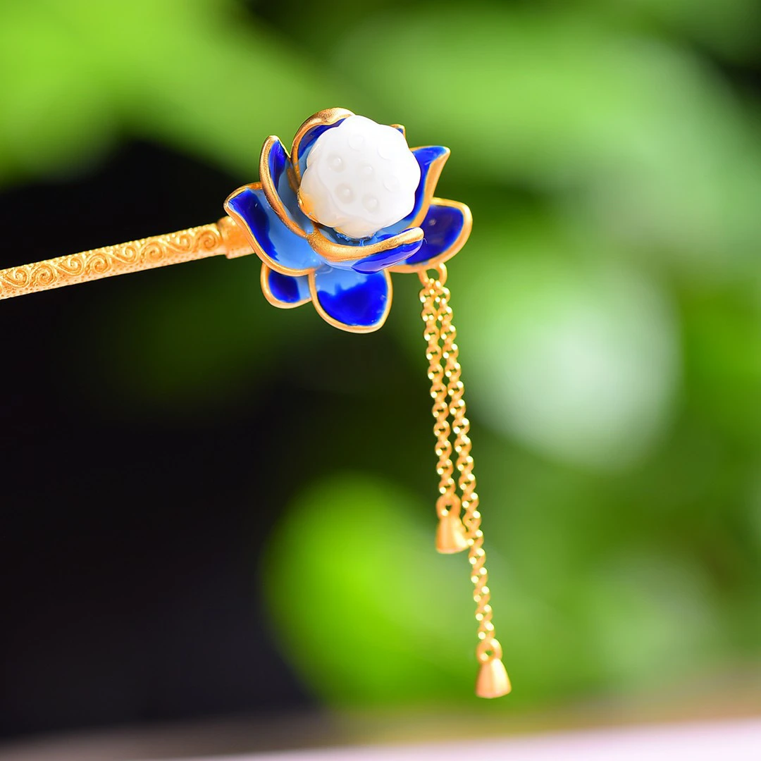 s925银镶嵌和田玉银杏叶流苏发簪多样性3045