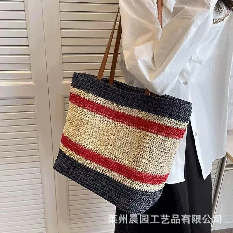 B-010大容量女条纹手提草编包外出便携收纳包韩版单肩包