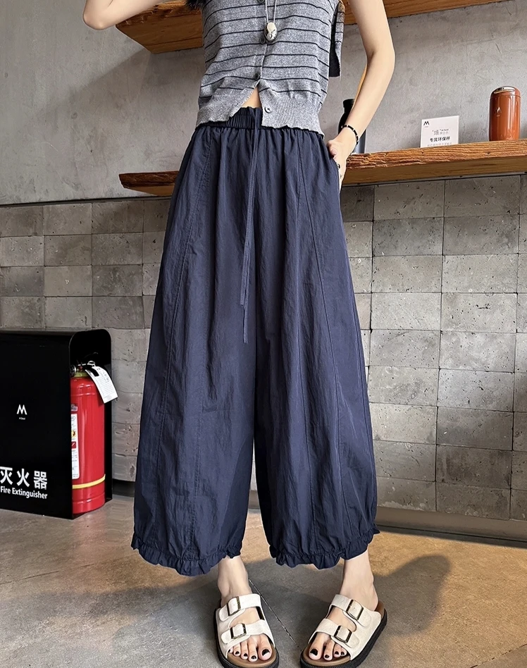 冰丝速干木耳边花苞休闲裤女夏季薄款高腰宽松百搭显瘦九分直筒裤