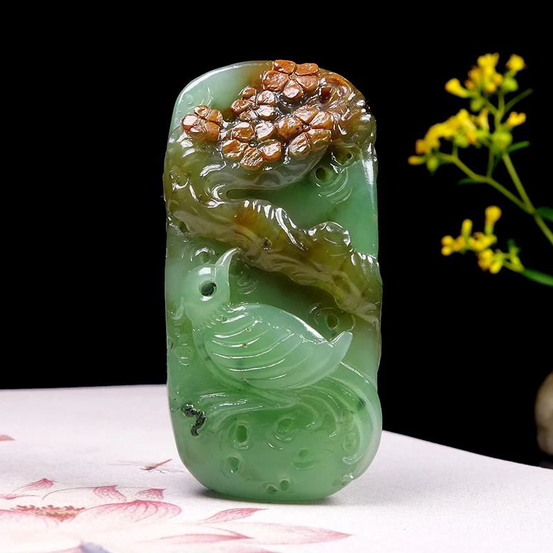 【喜上眉梢】俄罗斯碧玉手工雕刻和田玉俏色梅花喜鹊挂件