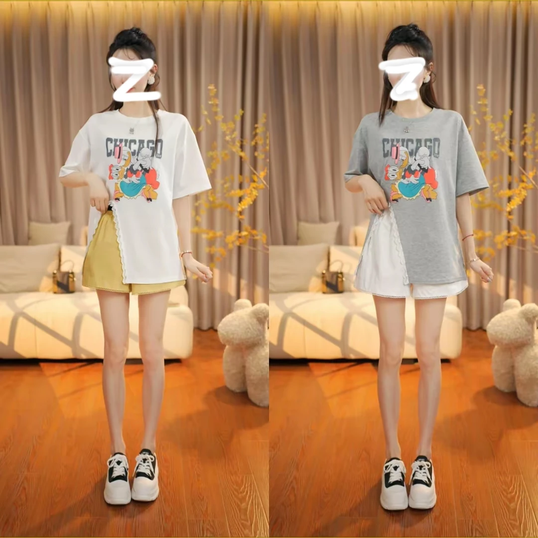 【运补6-8米】韩版拼接蕾丝卡通印花开叉短袖T恤女减龄宽松显瘦上