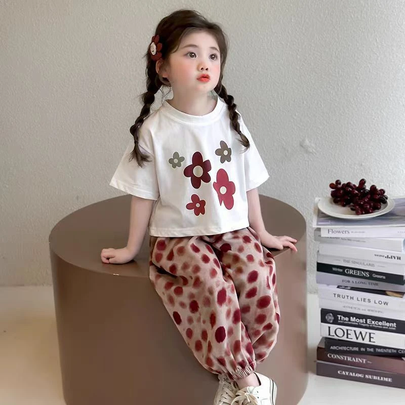 女小童花朵短袖t恤套装2025新款夏季宝宝防蚊裤小女孩休闲两件套