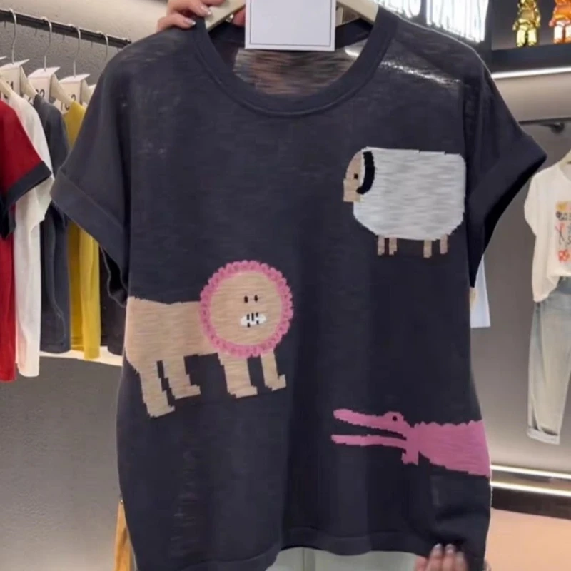 羊范夏季薄款圆领撞色100竹节麻短袖女重工动物园全身提花针织T恤