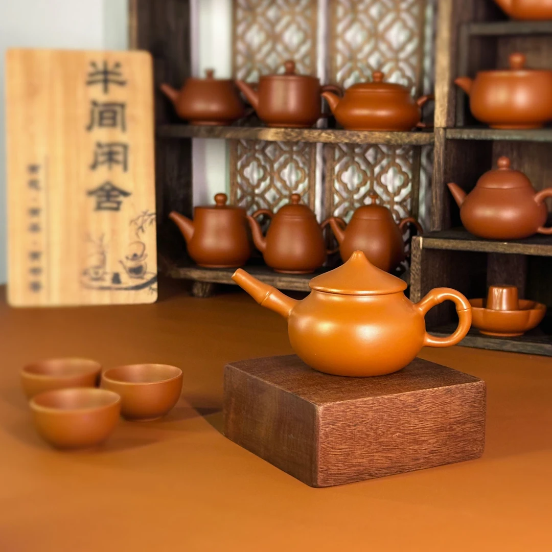 潮州手拉壶朱泥壶纯手工鱼翁壶120cc手拉胚成形赠送三个朱泥杯子