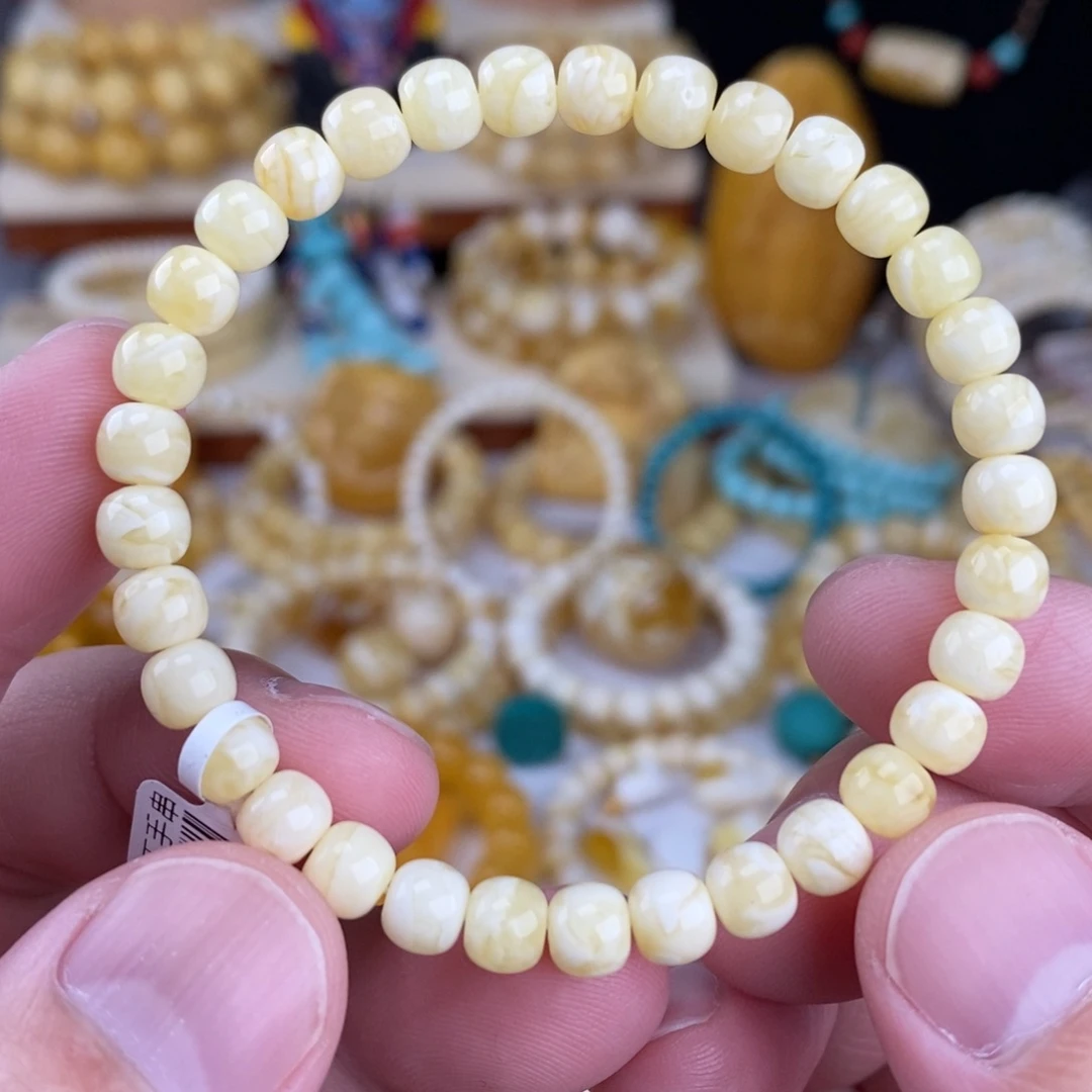 蜜蜡未镶嵌手链瓷白细纹虎皮纹6.5mm高桩