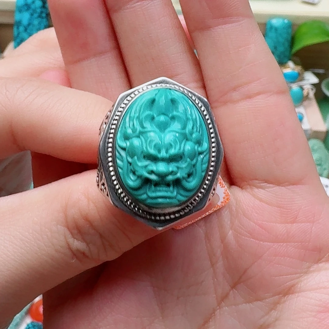 绿松石银S925镶嵌高瓷绿精雕龙戒