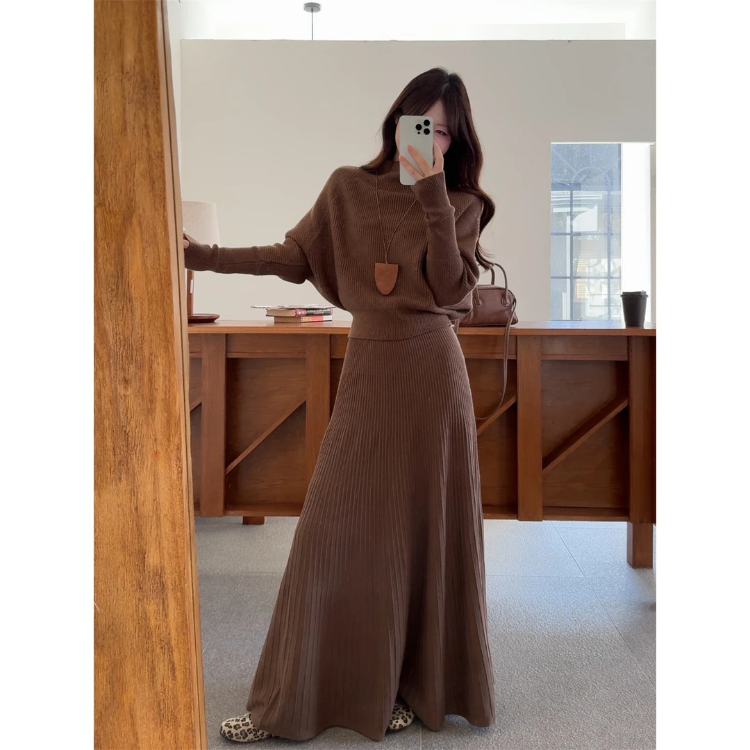 复古慵懒甜美高领蝙蝠袖针织毛衣+垂感高腰半身裙长裙两件套装女