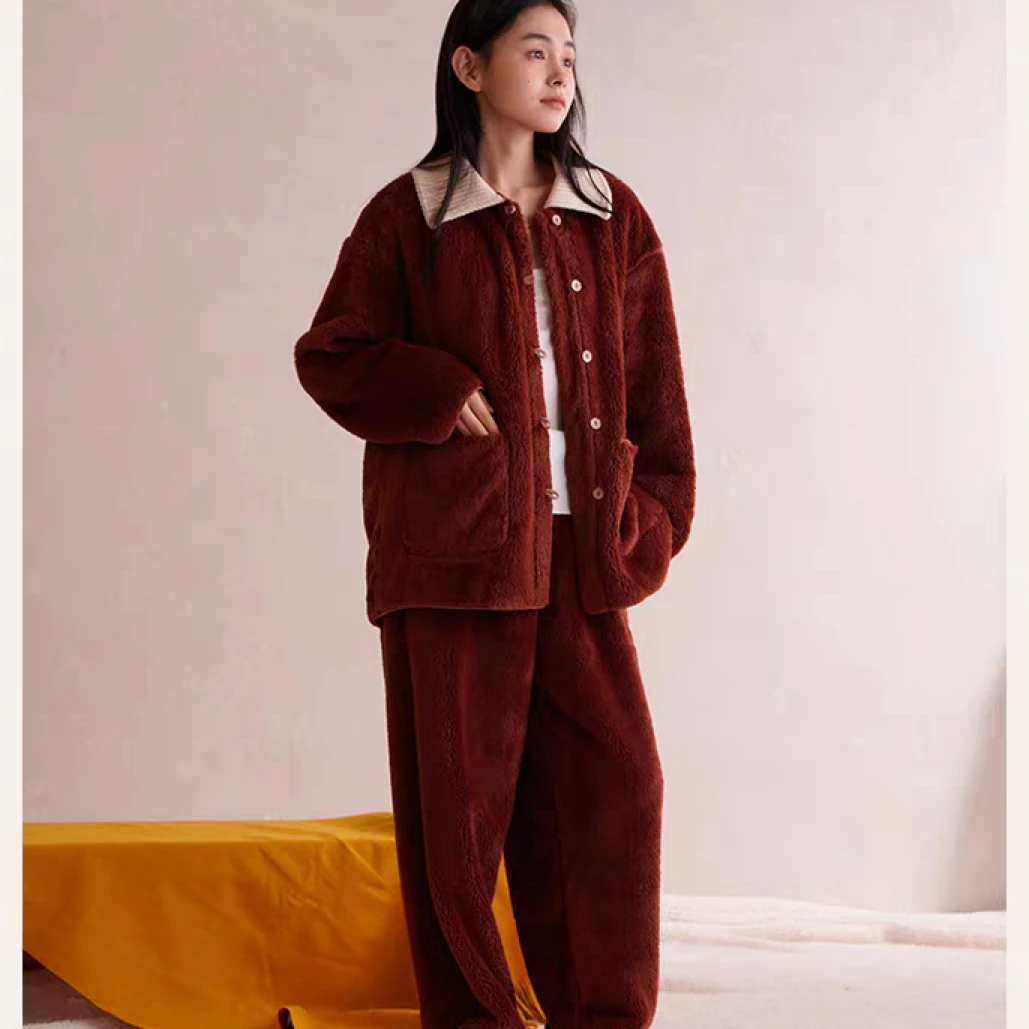 朵朵可可242CZ032撞色针织领双面绒居家套装