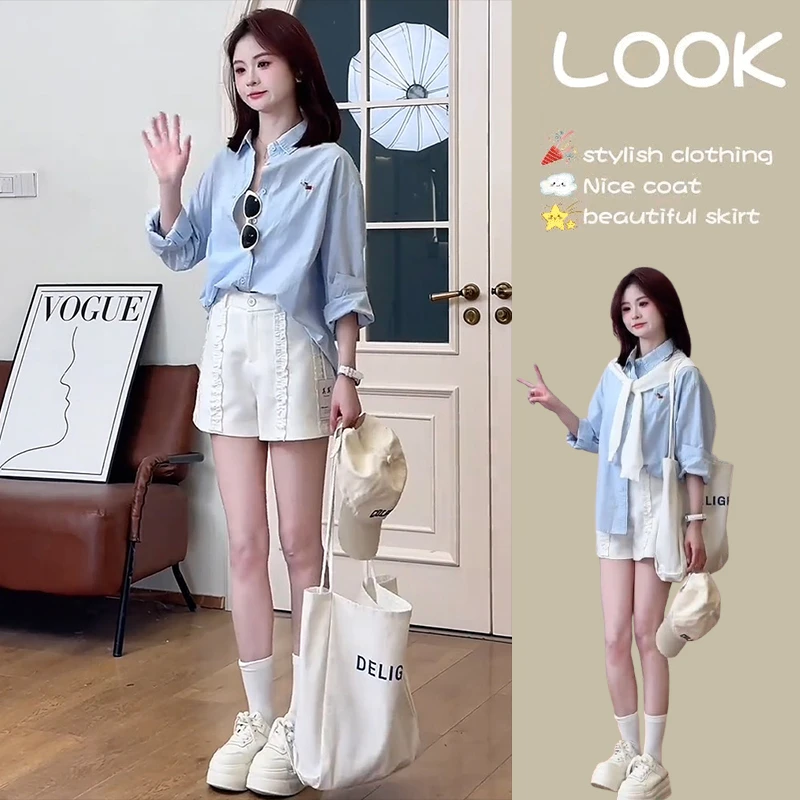 早春时尚一整套女装2025新款韩版气质休闲衬衫披肩百搭短裤三件套