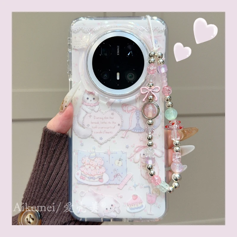 适用华为mate70pro+手机壳可爱卡通Mate60pro+猫咪蝴蝶结蛋糕链条