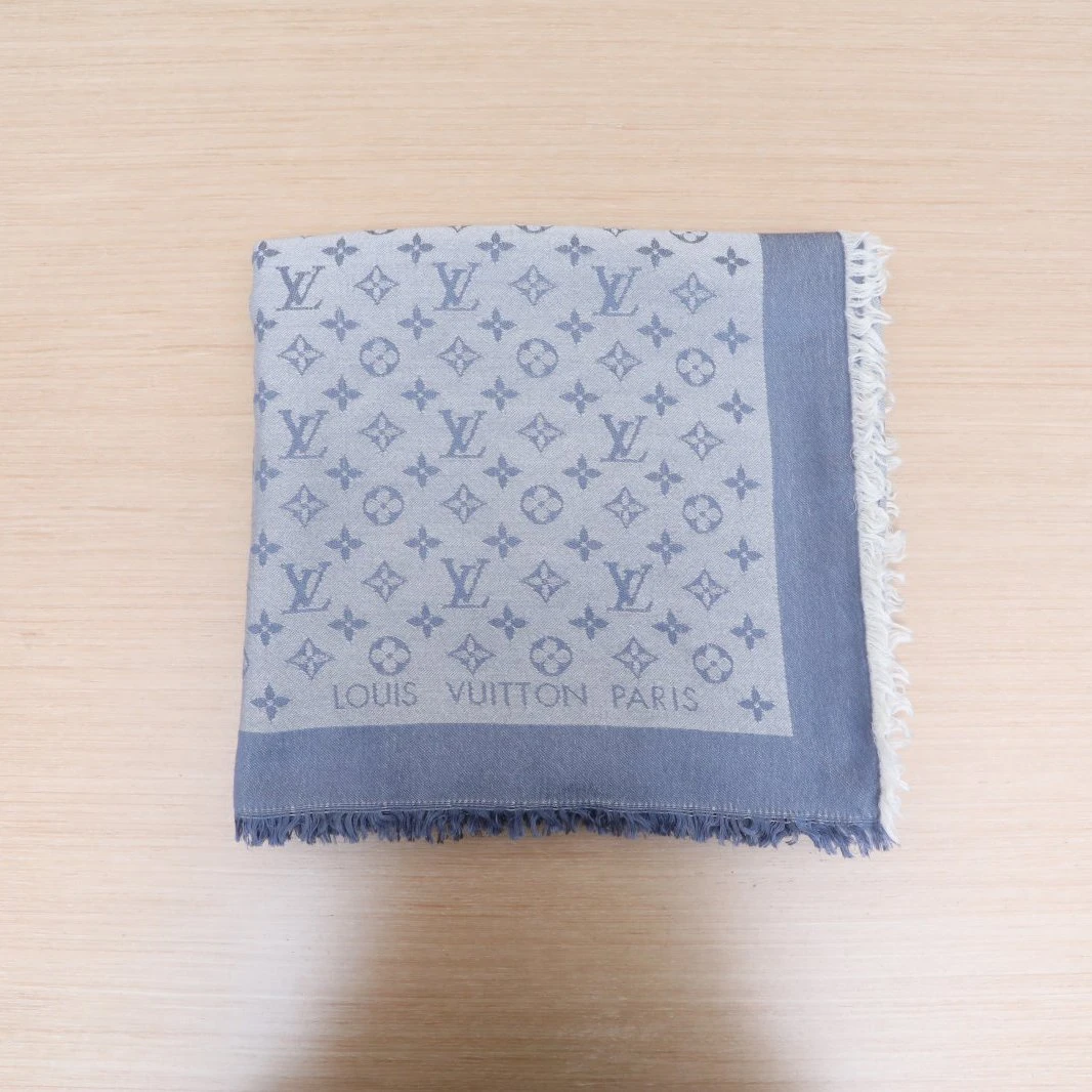 99新 LouisVuitton/路易威登 小花6珊 蓝色 羊毛 桑蚕丝印花披肩