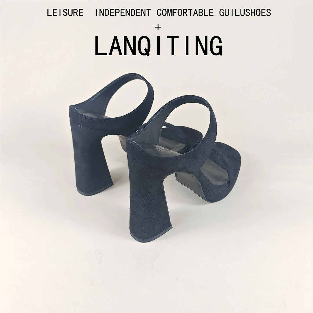 高跟鞋粗跟防水台凉拖鞋一字带时装凉鞋露趾夏季黑色百搭罗马女鞋