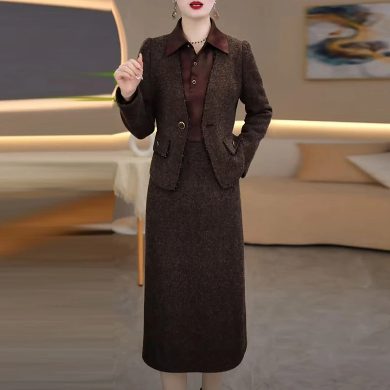 奥地绒法式轻奢套装裙2024冬季新款洋气质优雅显瘦两件套连衣裙子