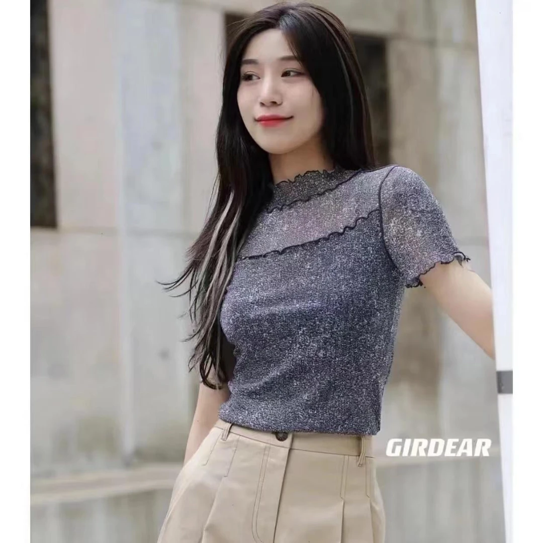 哥弟夏季通勤百搭气质显瘦拼接烟管领灰色修身短袖t恤女1300643