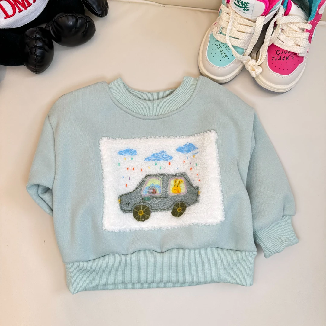 2024冬季新款汽车加绒单卫衣男童女童长袖洋气休闲