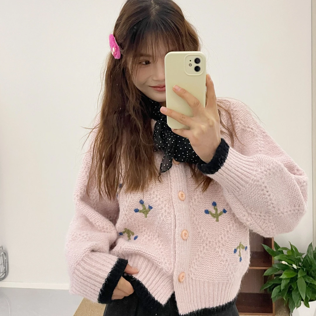 女毛针织衫女款韩系混纺毛衣外套针织衫短款甜美可爱