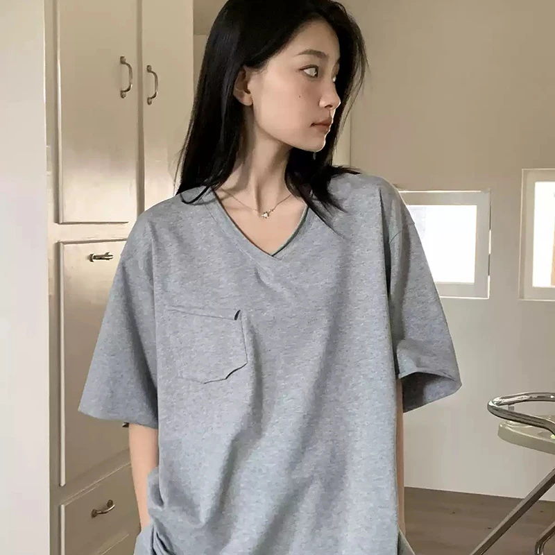花灰色V领宽松显瘦短袖T恤女2025夏季美式休闲时尚韩版慵懒风上衣