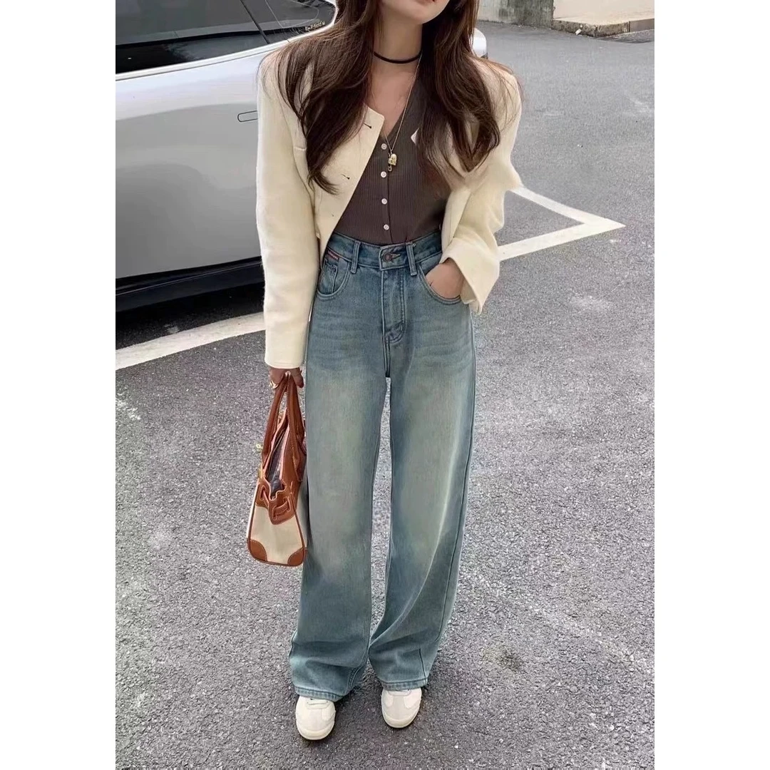 610-小个子简约浅色水洗窄版直筒阔腿软牛仔裤女