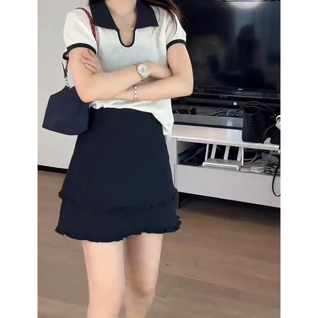 欧货双层木耳边半身裙女短款2025新款夏季小个子高腰显瘦a字裙