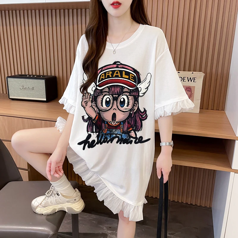 超仙蕾丝T恤女短袖纯棉T恤裙夏季爆款宽松时尚百搭大码过膝连衣裙