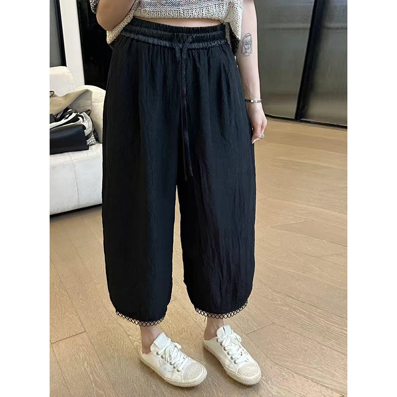 2025夏款设计感百搭显瘦休闲裤女松紧腰垂感薄款宽松慵懒直筒裤子