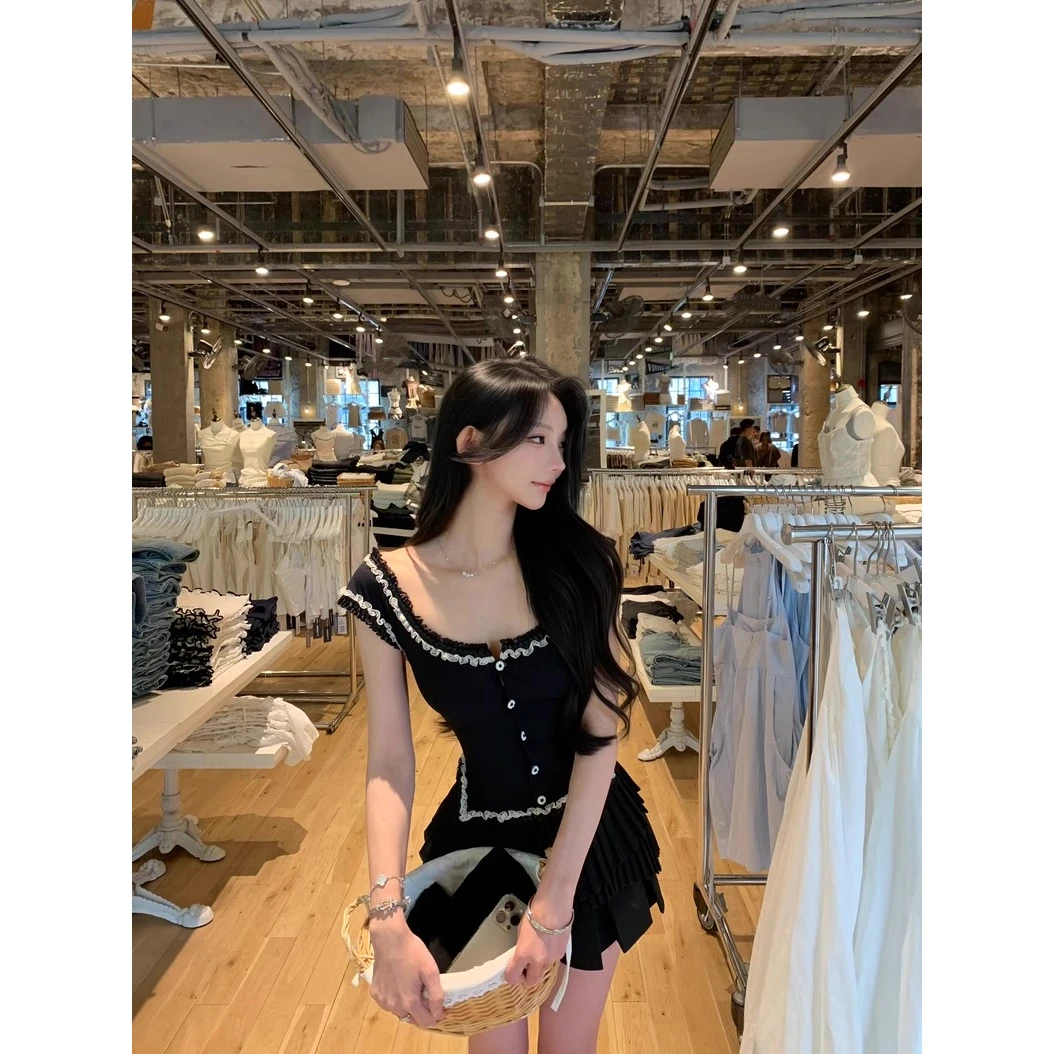 复古法式俏皮短袖多层蕾丝花边拼接设计感黑色衬衫上衣女